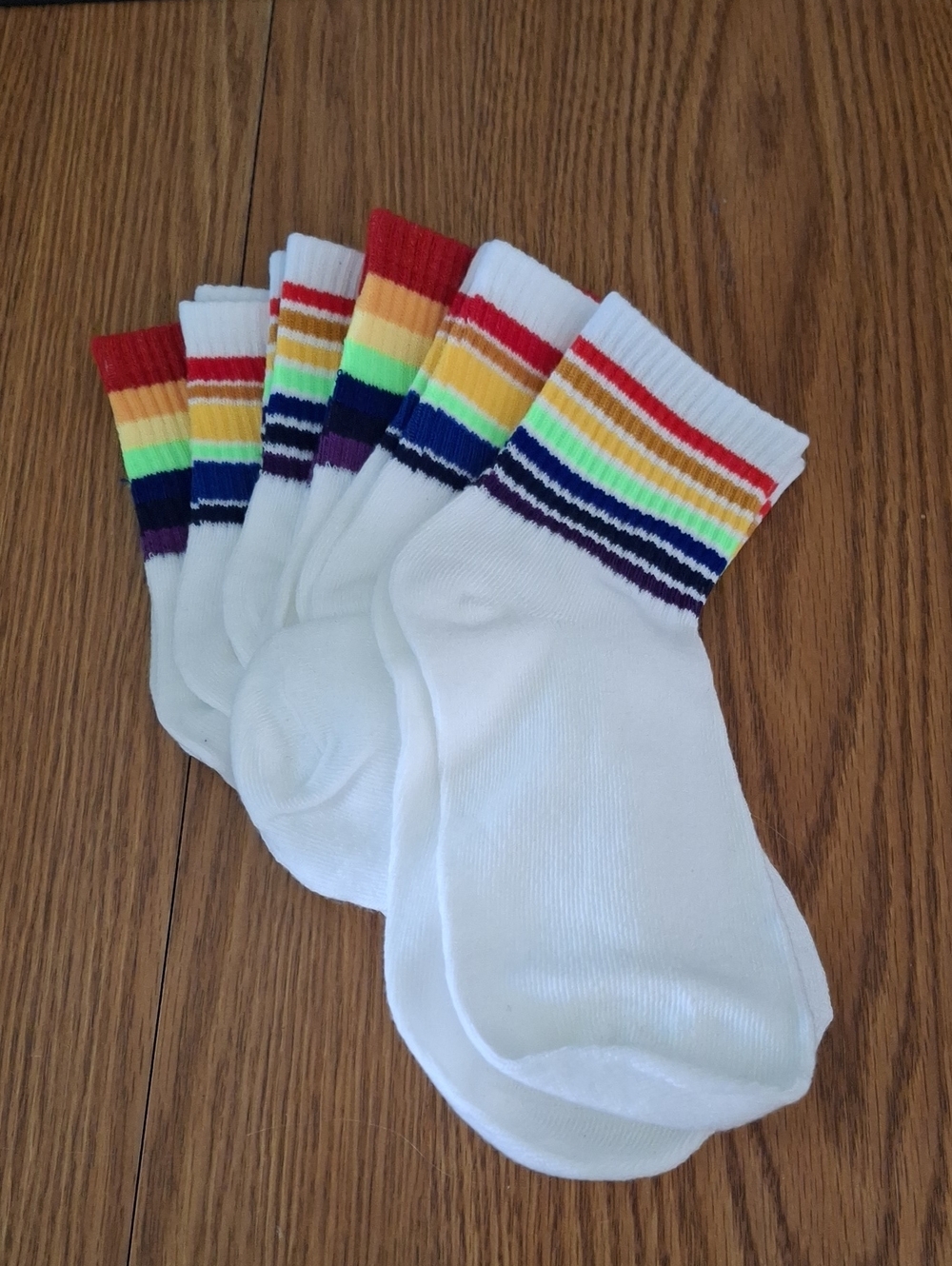 White Socks with Rainbow Stripe Cuff - Pack of 6